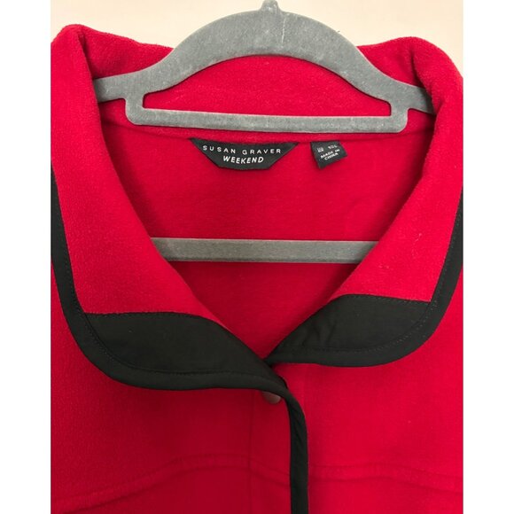 Susan Graver Weekend 3X Red Fleece Snap-Front Jacket Black Trimmed Collar Pocket - Picture 8 of 12